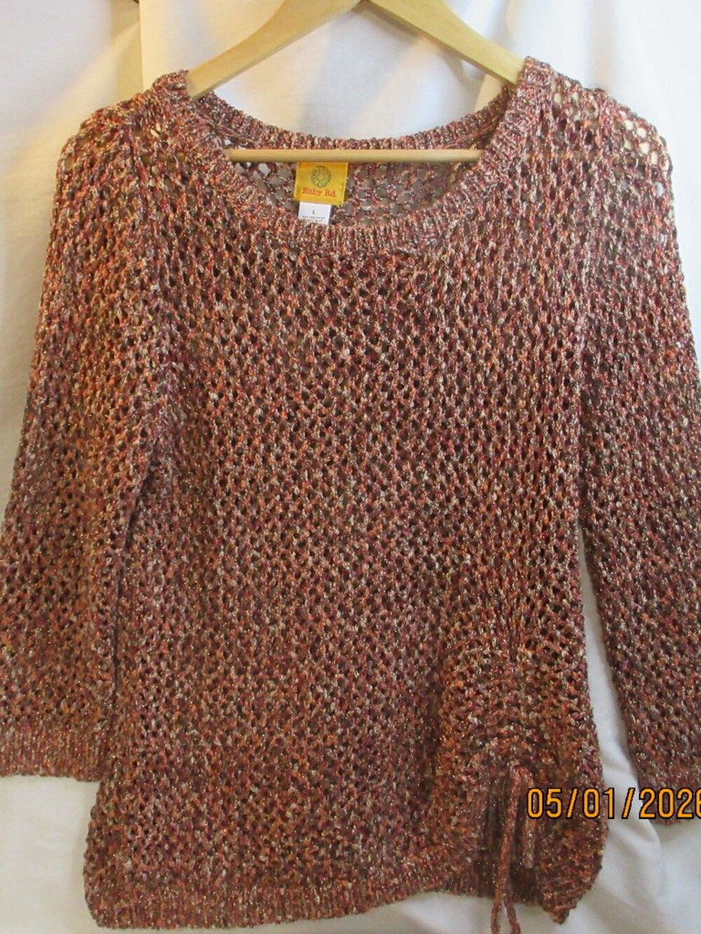 STUNNING~RUBY ROAD~WOMEN'S CROCHET TOP~SIZE LARGE~ SPARKLY, 3/4 SLEEVE & BOW